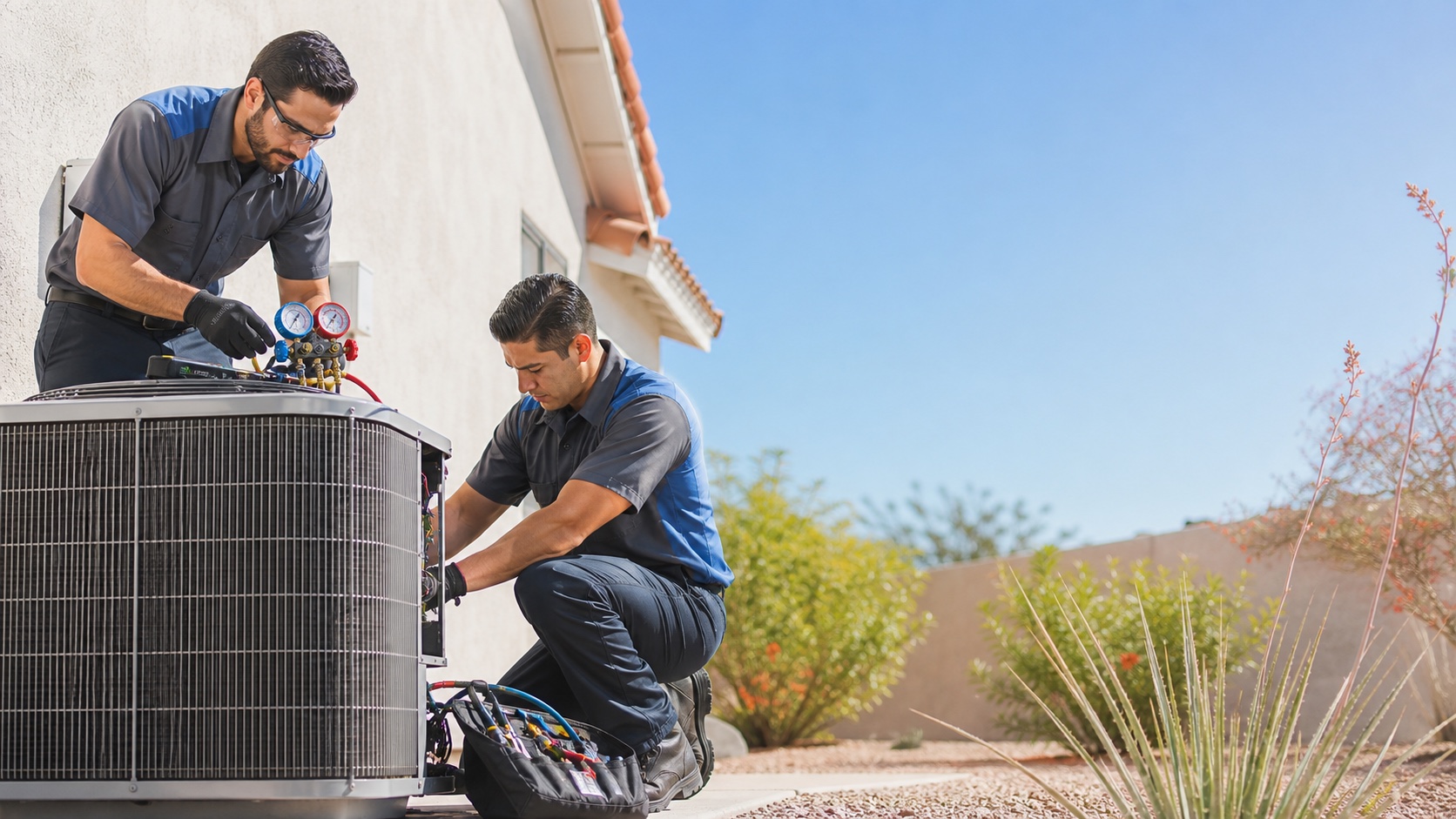 HVAC technician diagnosing a residential AC condenser unit outside a Broomfield home with gauges attached